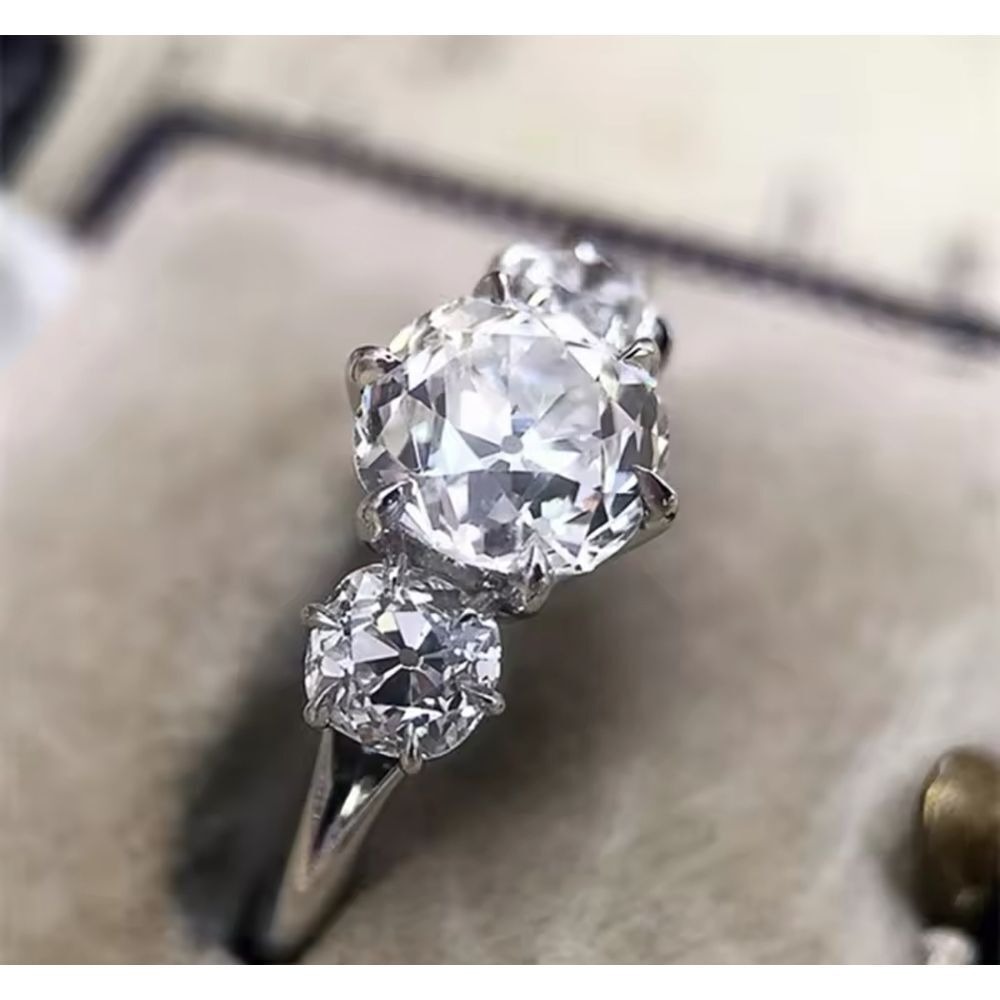 Vintage Style Three Stone Round Cut Brilliant Ring Silver Engagement‎ Band SZ 6